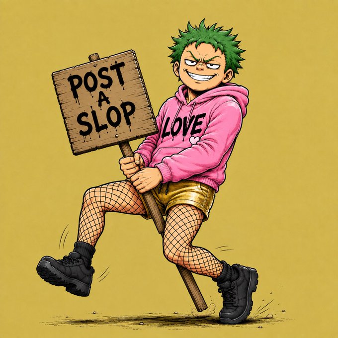 A cartoon character with spiky green hair, wearing a pink "LOVE" hoodie and fishnet tights, holds a wooden sign reading "POST A SLOP" against a yellow background.

The image parodies meme culture by depicting a punk-styled figure demanding "POST A SLOP," mocking the low-effort AI-generated content that the post critiques with its dismissive "F u crisp" sentiment.
