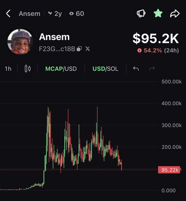 Token chart for 'Ansem' showing a market cap of $95.2K with a 54.2% decline in 24 hours, displayed in MCAP/USD view with significant volatility.