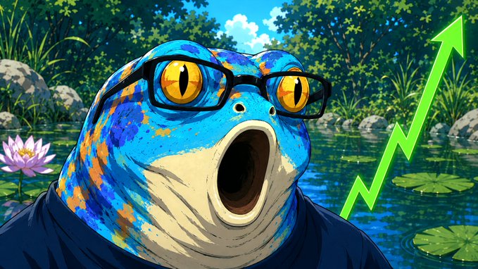 An illustration of a surprised blue and orange frog wearing glasses, sitting in a pond with lily pads, accompanied by a green upward trending arrow.