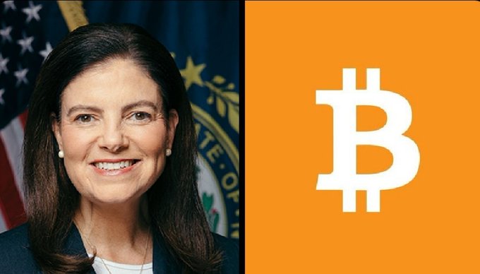 A split image shows New Hampshire Governor Kelly Ayotte on the left, smiling in front of a flag, alongside a large white Bitcoin (₿) logo on an orange background on the right, illustrating her positive stance toward considering Bitcoin as part of the state's innovation strategy.