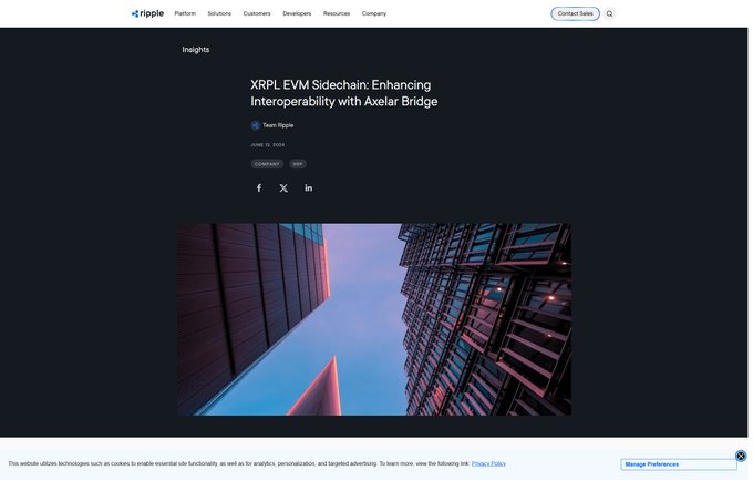 A webpage from Ripple's Insights section displays an article titled "XRPL EVM Sidechain: Enhancing Interoperability with Axelar Bridge" by Team Ripple, dated June 18, 2024, and tagged "Sidechain" and "EVM." The article's bold hero image of towering glass skyscrapers visually reinforces the post's theme of connecting the XRPL EVM sidechain to other networks via the Axelar bridge, symbolizing the lofty infrastructure now backed by public developer docs and an open GitHub repo.