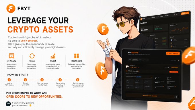 The image features a poster for a cryptocurrency management tool called @FBYTio. The poster shows a man wearing sunglasses holding a computer mouse, with a computer screen displaying information about the tool. The text on the poster encourages users to leverage their crypto assets by using the tool effectively and securely.