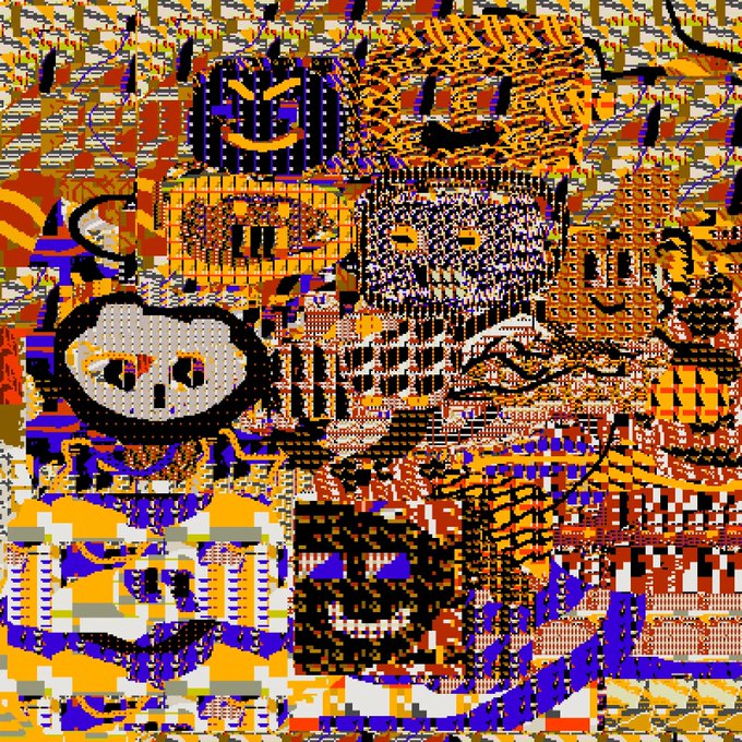 A chaotic, colorful abstract image featuring glitch-like patterns, a skull-like face, a snake-like figure, and various pixelated elements in shades of orange, blue, black, and white.