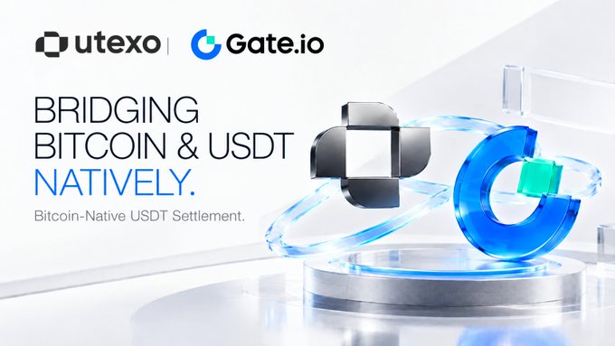 A promotional banner for Utexo and Gate.io featuring the text 'BRIDGING BITCOIN & USDT NATIVELY' and 'Bitcoin-Native USDT Settlement.' alongside stylized 3D rings.