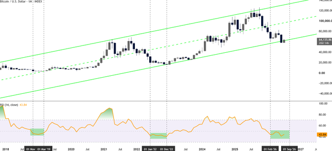 A monthly Bitcoin/USD (INDEX) chart from 2018 to 2027 shows BTC testing the lower boundary of a long-term ascending channel around the $74,715 region, with the monthly RSI (14) indicator below at 42.84—near oversold conditions—visually reinforcing the post's claim that BTC is retesting macro cycle-bottom support with a fully reset RSI.
