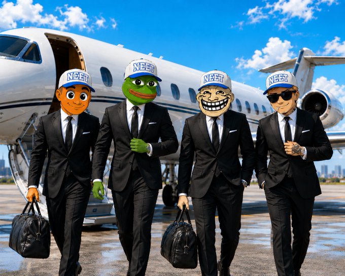Four figures in black suits wearing 'NEET' baseball caps, with faces replaced by internet characters including a Pepe frog and troll faces, walking from a private jet.