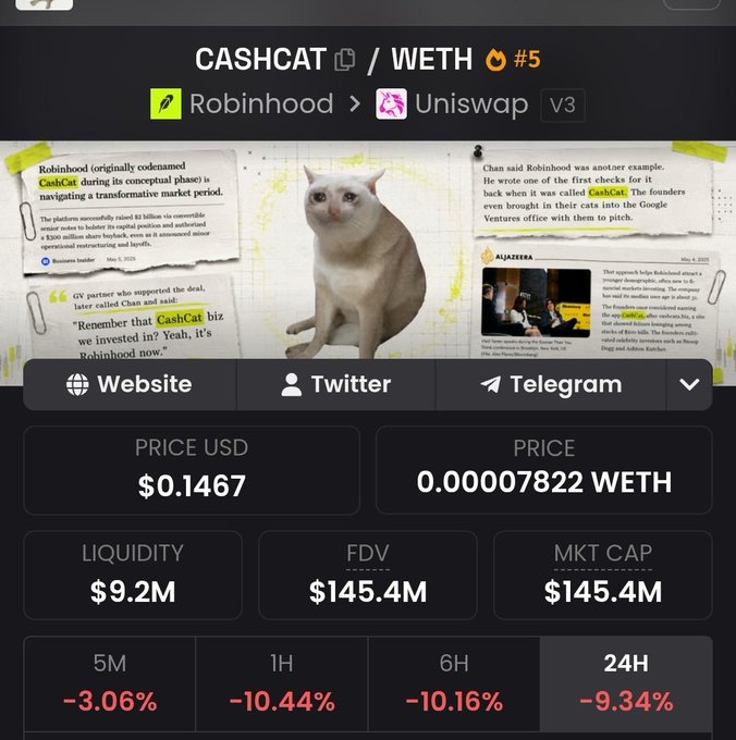 A cryptocurrency token page on dexscreener.com for CASHCAT/WETH #5, showing a price of $0.1467 USD and a market cap of $145.4M, featuring an image of a white cat with news clippings about Robinhood.