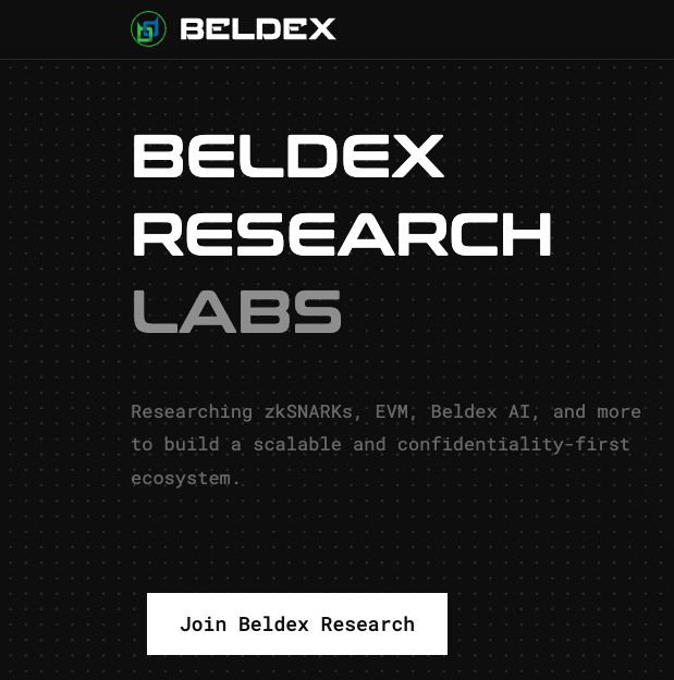 A webpage for BELDEX RESEARCH LABS, stating they are researching zkSNARKs, EVM, Beldex AI, and more to build a scalable and confidentiality-first ecosystem, with a 'Join Beldex Research' button.