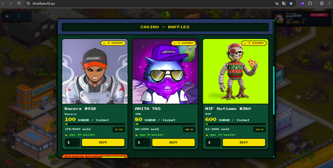 A screenshot of a 'CASINO - RAFFLES' webpage (blowfiworld.xyz) displaying three raffle tickets for NFT characters: 'Racerz #932' (sold out), 'ANITA 785' (sold out), and 'WIF Outlaws #350'.