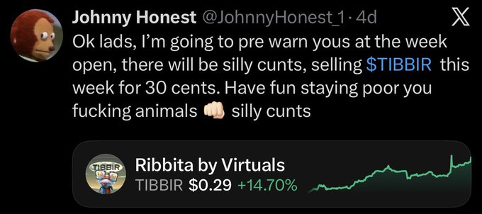 A tweet from Johnny Honest (@JohnnyHonest_1) warning followers about people selling $TIBBIR for 30 cents, with an attached chart showing 'Ribbita by Virtuals' TIBBIR at $0.29 (+14.70%).