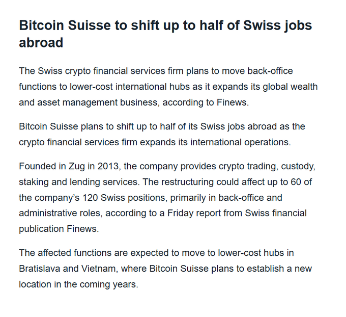 A news article headline reading 'Bitcoin Suisse to shift up to half of Swiss jobs abroad,' discussing the Swiss crypto financial services firm's plans to move back-office functions to lower-cost international hubs in Bratislava and Vietnam.