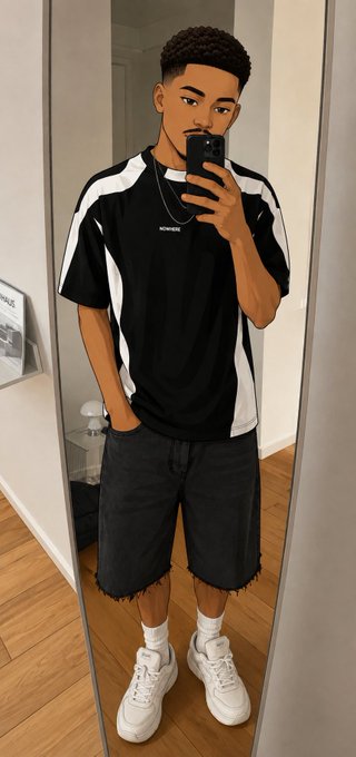A digital illustration of a stylish young man taking a mirror selfie, wearing a black and white athletic shirt, black shorts, white socks, and chunky white sneakers.