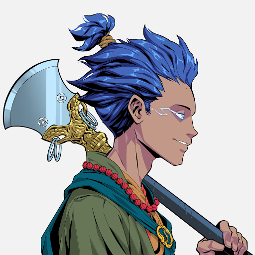 An anime-style illustration of a dark-skinned character with blue hair tied in a topknot, wearing a red beaded necklace and carrying a large axe on their back.