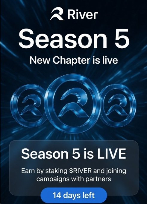 The image features a poster for the fifth season of the streaming platform "RIVER" that has been released. The poster displays three blue circles with the word "RIVER" written inside them. It also includes text about the new chapter being live, which implies that the content on this page is relevant to the viewers' interests and preferences. Additionally, there are details about how to earn points by staking $RIVER Staking: the longer you stake, the more points and voting power you earn. The poster encourages viewers to join campaigns with partners for a chance to win exciting prizes.