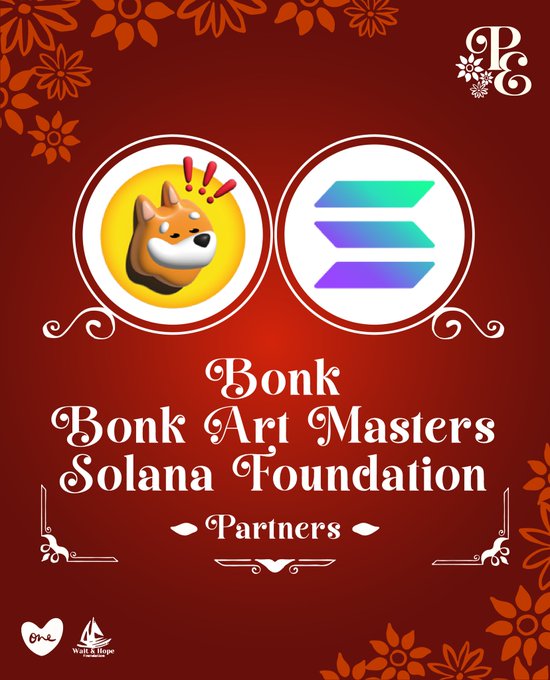 A red promotional graphic for partners Bonk, Bonk Art Masters, and Solana Foundation, featuring the Bonk dog logo and the Solana logo, with 'Work of Hope' branding at the bottom.