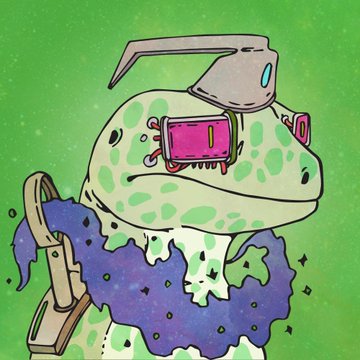 A cartoon illustration of a green frog-like character wearing pink VR-style glasses, a metallic headpiece, and holding a futuristic gun against a green background.