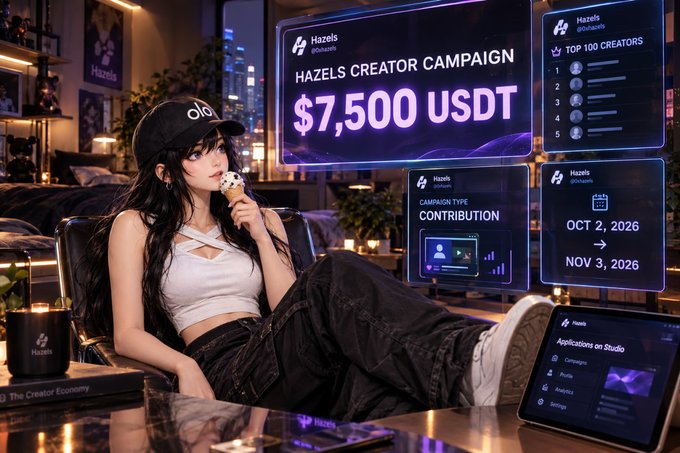 An anime-style illustration of a woman wearing a black 'ola' cap, sitting in a modern room and eating ice cream, surrounded by floating screens advertising 'HAZELS CREATOR CAMPAIGN $7,500 USDT' and other interface elements like 'TOP 100 CREATORS' and 'CAMPAIGN TYPE CONTRIBUTION' between Oct 2, 2026 and Nov 3, 2026.
