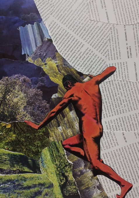 A mixed-media collage featuring a red-skinned nude figure leaping across torn paper pages, layered over a landscape of mountains, trees, and torn newspaper clippings with visible text.