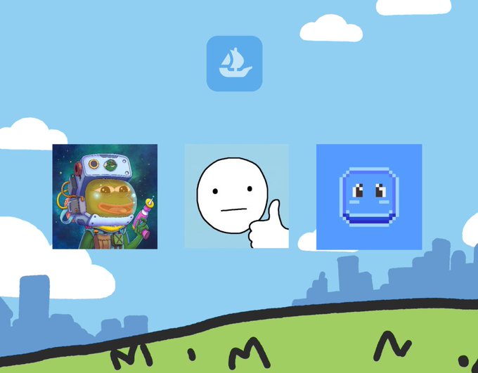 The image shows a cartoon-style scene with three different characters, including a white face, a robot, and an alien. The white face is giving a thumbs up, while the other two characters are depicted as frowning or looking at something else in the background. The text "FCFS LIVE!!!! opensea.io/collection/eth Eligible collections below 1h" suggests that this image might be related to a social media post or a collection of images featuring different cartoon-style characters and their reactions.