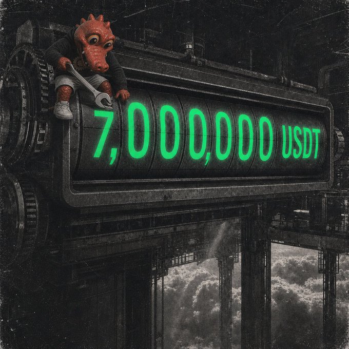 An illustration shows a small red reptilian creature holding a wrench, sitting atop a digital counter displaying "7,000,000 USDT" in glowing green text.