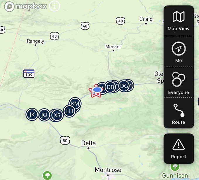 A Mapbox map interface showing a route near Delta, Colorado, with location markers labeled 'JK', 'JO', 'XS', 'KM', 'LH', 'DB', and 'DG', alongside sidebar options for Map View, Me, Everyone, Route, and Report.