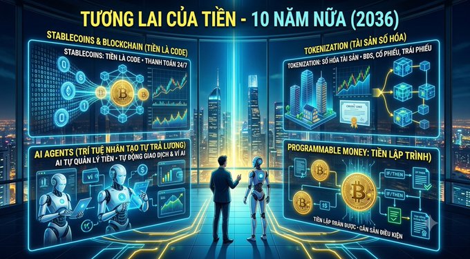 A Vietnamese-language futuristic graphic titled 'TƯƠNG LAI CỦA TIỀN - 10 NĂM NỮA (2036)' depicting the future of money with stablecoins, tokenization, AI agents, and programmable money.