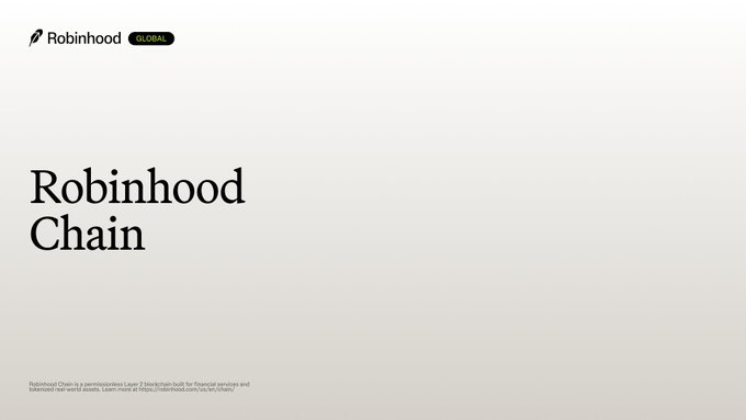 A Robinhood Chain landing page showing the Robinhood logo, 'GLOBAL' badge, and large 'Robinhood Chain' heading, noting it's an unlicensed Layer-2 blockchain in ZKsync.