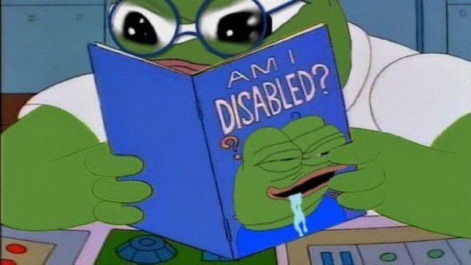 A meme image showing Kermit the Frog wearing glasses and reading a blue book titled 'AM I DISABLED?' featuring a drooling Pepe the Frog on the cover.