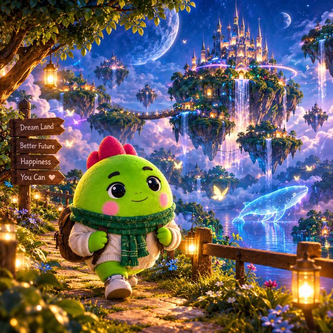 A green cartoon character with a red bow walks along a path in a digitally illustrated fantasy landscape featuring floating islands, castles, a glowing whale, and a signpost reading 'Dream Land, Better Future, Happiness, You Can'.
