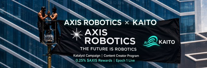 Two workers in a cherry picker hoist a large black banner reading "AXIS ROBOTICS x KAITO" on the side of a glass skyscraper, advertising a "Katalyst Campaign | Content Creator Program" with "0.25% $AXIS Rewards | Epoch 1 Live." The promotional image ties directly to the post, which highlights the $AXIS token's Kaito-based eligibility system that rewards consistent content contributions over time rather than short-term activity.
