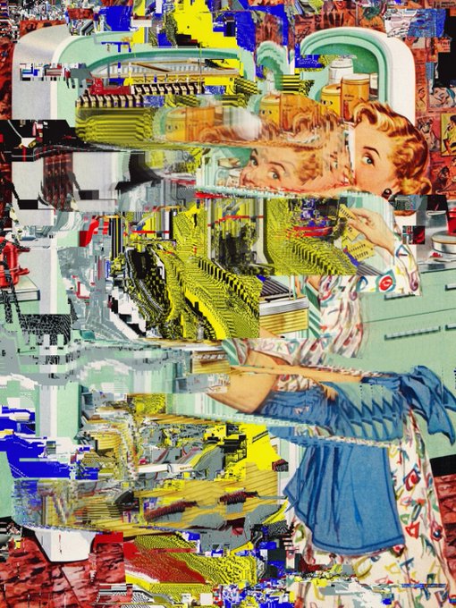 A heavily distorted, glitch-art image showing a woman in vintage clothing holding a utensil, overlaid with colorful digital artifacts and pixelated patterns.