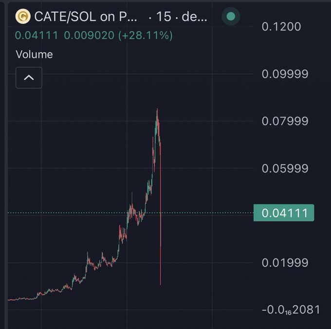 A cryptocurrency price chart for CATE/SOL shows a current price of 0.04111 with a +28.11% change, featuring a sharp spike and crash pattern.