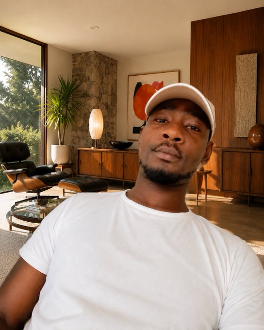 A man in a white t-shirt and cap takes a selfie in a stylish mid-century modern living room with wood paneling, a stone accent wall, and a classic Eames lounge chair. The caption "You will be the first Billionaire in your family. Claim it." aligns with the aspirational, confident selfie, suggesting a personal declaration of future wealth and success.