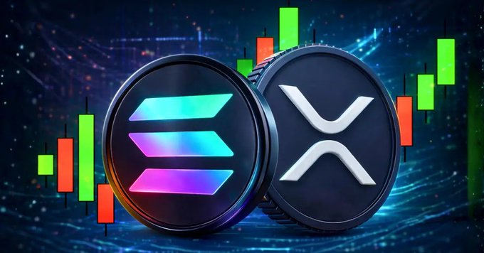 Two cryptocurrency coins, one representing Solana (SOL) with its colorful triple-bar logo and the other showing XRP with its distinctive "X" symbol, are displayed against a candlestick chart backdrop with green and red trading bars. The image visually reinforces the announcement about expanding the XRP Community Wallet to include new networks like Solana, highlighting the cross-chain integration and staking improvements mentioned in the post.