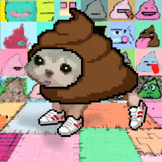 A pixelated NFT-style artwork of a figure wearing a brown hooded costume with a cute face, white shoes with red accents, displayed against a colorful grid of cartoon poop emoji characters.