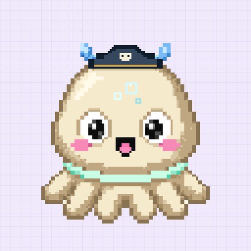 A pixel art illustration shows a cute, round, beige octopus-like creature wearing a small dark hat with blue horns and a teal scarf against a grid background.