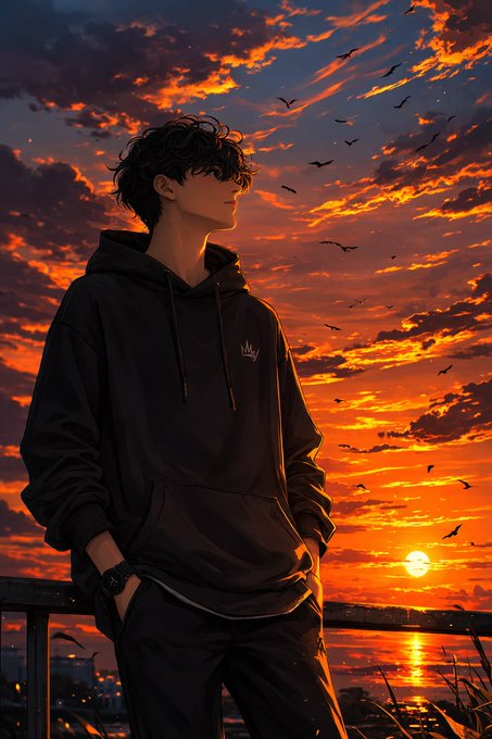 The image features an artist's illustration of a man standing alone at the edge of a cliff, overlooking a sunset with birds flying around him. The man appears to be wearing a hoodie and has his hands in his pockets while looking out over the scene. The background is filled with orange clouds against a dark sky, creating a striking contrast that highlights the beauty of the sunset.

The image also includes text that reads "Happy Evening Most people see quantum computing as a future problem @quipnetwork Network sees it as something worth preparing for today Building toward a worldwide quantum computer while exploring the infrastructure needed for a quantum ready digital world". This message seems to be related to the man's presence in the scene, suggesting that he might be contemplating or appreciating the beauty of nature and its connection to technological advancements.