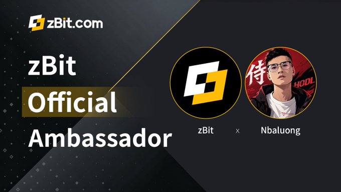 A promotional graphic for zBit.com featuring their logo and 'Official Ambassador' text alongside an image of a man named Nbaluong.