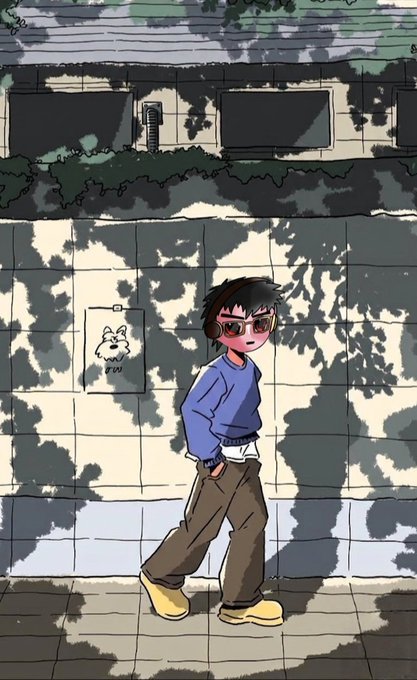 An anime-style illustration of a young man with dark hair, wearing headphones, a blue sweater, brown pants, and tan boots, walking past a tiled wall with a small dog drawing posted on it.