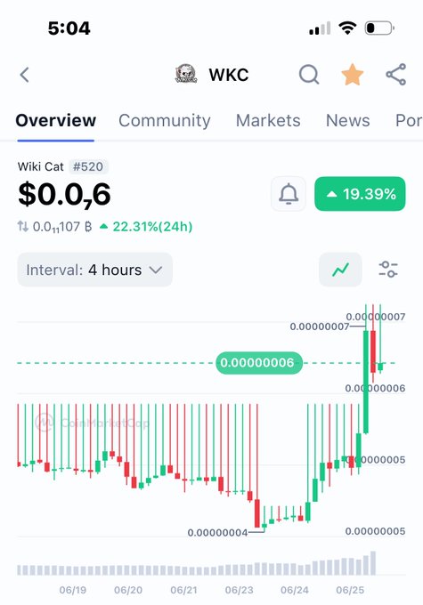 A mobile screenshot of the Wiki Cat ($WKC) token overview on a crypto tracking app, showing a current price of $0.06 with a 19.39% gain and 22.31% 24-hour increase. The 4-hour interval candlestick chart displays an upward price movement from approximately 0.000000004 to 0.000000007 between 06/19 and 06/25, visually supporting the post's claim of $WKC's recent pump.