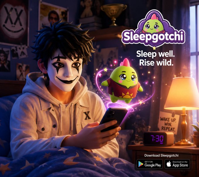 The image is a promotional ad for "Sleepgotchi" featuring a young person in bed with a smartphone, where a cute green creature (the Sleepgotchi mascot) hovers above glowing with sparkles. The ad's tagline reads "Sleep well. Rise wild," and includes app store badges for Google Play and App Store, along with "WAKE UP. WIN. REPEAT." on the bedside and "7:30" on a digital clock.

This image connects to the post by visually representing the idea of "closing the loop" on sleep data—the user is shown actively engaging with a tangible, gamified companion (the Sleepgotchi creature) emerging from their phone, turning abstract sleep metrics into an interactive, motivating experience rather than just dead numbers on a health tracker.