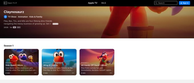 Apple TV search results showing "Claynosaurz," a TV Show under Animation - Kids & Family featuring characters Flex, Rex, Trix, and Milo, with Season 1 episodes including "Side Quests," "Wing It," and "All Hands Off Deck." The image confirms the post's excitement about the NFT animated series being available on Apple TV alongside Amazon.