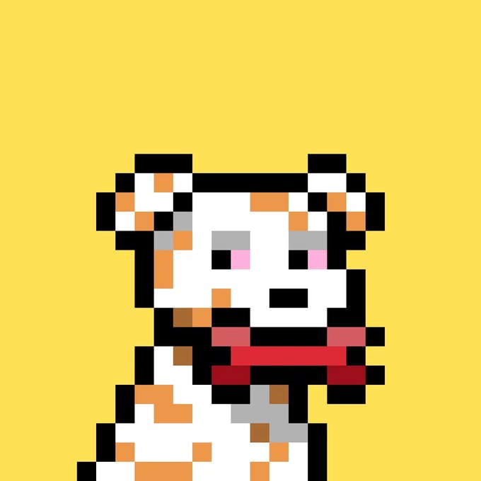 Pixel art illustration of an orange and white cat character with pink cheeks, wearing a red scarf/bandana, set against a yellow background.