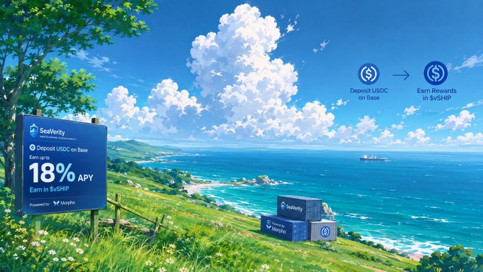 A coastal advertisement for SeaVerity promoting 'Deposit USDC on Base, Earn up to 18% APY' paid in $vSHIP, powered by Morpho, with a scenic ocean view and stacked crates in the foreground.