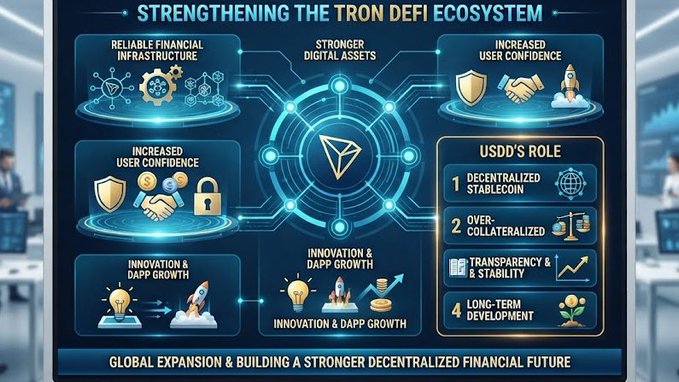 An infographic titled 'STRENGTHENING THE TRON DEFI ECOSYSTEM' featuring the TRON logo with sections on Reliable Financial Infrastructure, Stronger Digital Assets, Increased User Confidence, Innovation & Dapp Growth, and USDD's Role as a decentralized stablecoin.