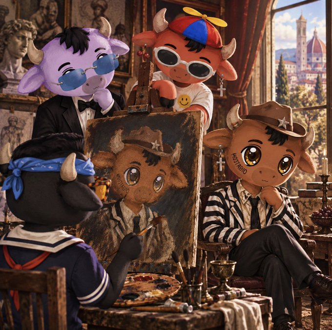 Stylized artwork of anthropomorphic bull characters in an artist's studio setting, with one painting a portrait of another, set against a backdrop of classical art and a view of Florence's Duomo.