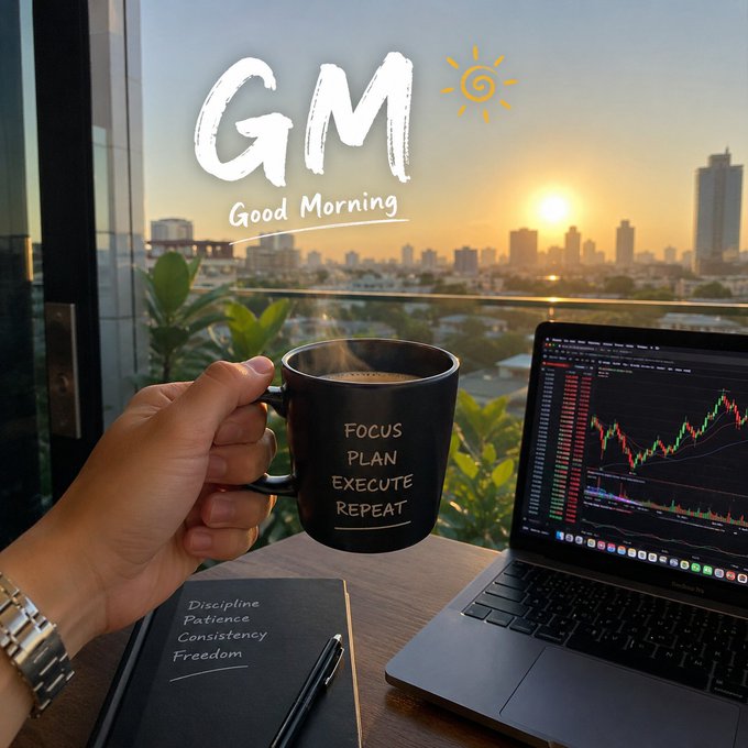 A "GM Good Morning" themed image showing a hand holding a black coffee mug labeled "FOCUS PLAN EXECUTE REPEAT," with a laptop displaying a trading chart and a notebook listing "Discipline Patience Consistency Freedom" against a sunrise cityscape.