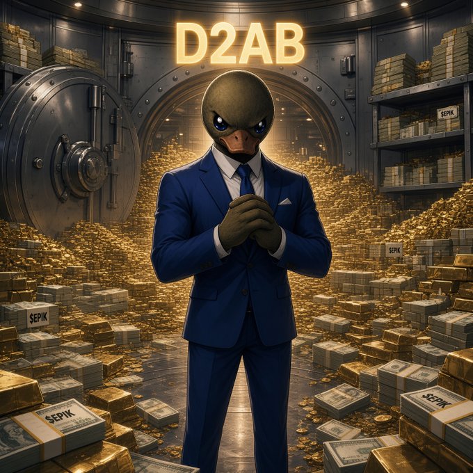 A duck-headed figure in a blue business suit stands confidently in a vault overflowing with gold bars and cash stacks labeled "SEPIK," under a glowing "D2AB" sign. The image visually reinforces the post's message of unwavering belief in the upcoming $EPIK airdrop by showcasing an anthropomorphized mascot surrounded by the wealth and opportunity the token represents.