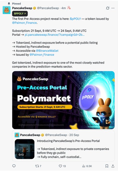 A pinned PancakeSwap (@PancakeSwap) tweet announces $pPOLY, the first Pre-Access project issued by @Paimon_Finance, with a subscription window of September 21–24 at 9 AM UTC, accessible via Binance Wallet, featuring a promotional banner for the "Polymarket Pre-Access Portal."