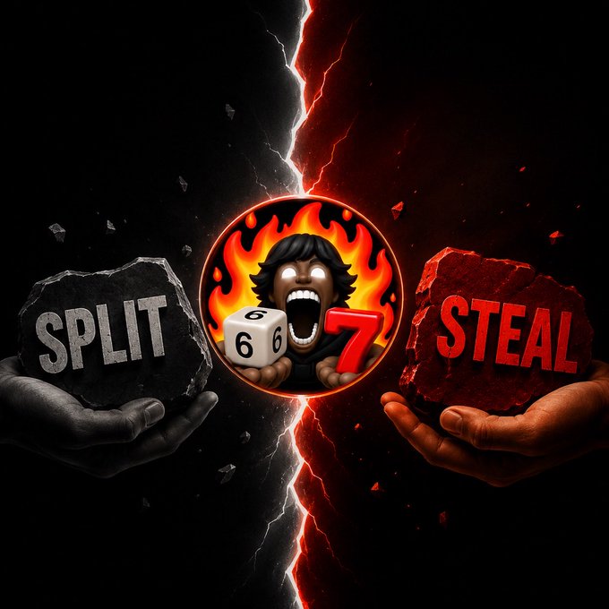 A dramatic split image shows a black-and-white hand holding a stone labeled 'SPLIT' with a die showing '6' on the left, and a red hand holding a stone labeled 'STEAL' with a red '7' on the right, separated by a lightning bolt and a screaming character in flames.